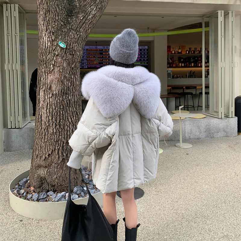 

2023 New Women's Winter Warm Coats 90% White Goose Down Thick Jackets With Real Fox Fur Collar Luxury Full Sleeves Female Coat