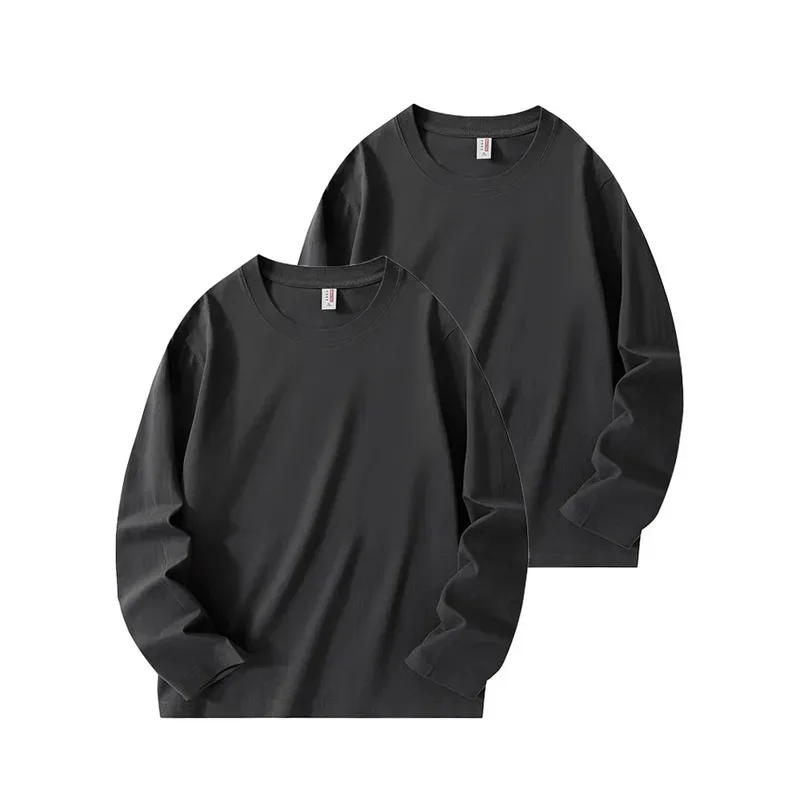 

New long sleeved men's 100% pure cotton T-shirt 2Pcs casual and versatile Dark grey outerwear base layer