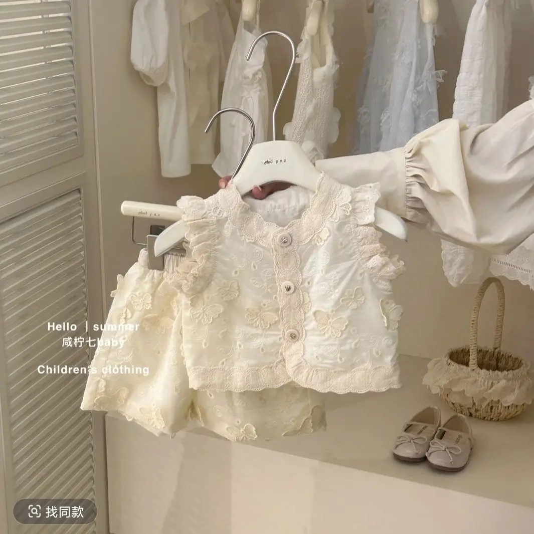 

Summer New Children Clothing Korean Girls Embroidered Vest Children Embroidered Lace Collar Shorts Stylish Two Piece Set