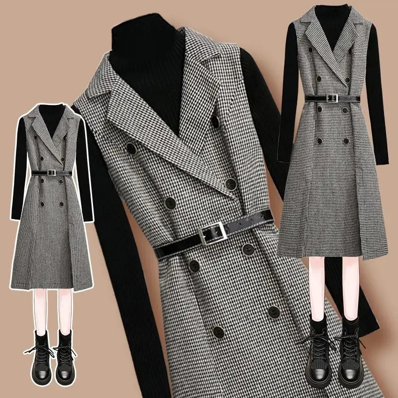 Spring Summer Mid-Long Sleeveless Dress Women 2024 New Suit Collar Houndstooth Dresses Fashion Belt Loose Woolen Top Female