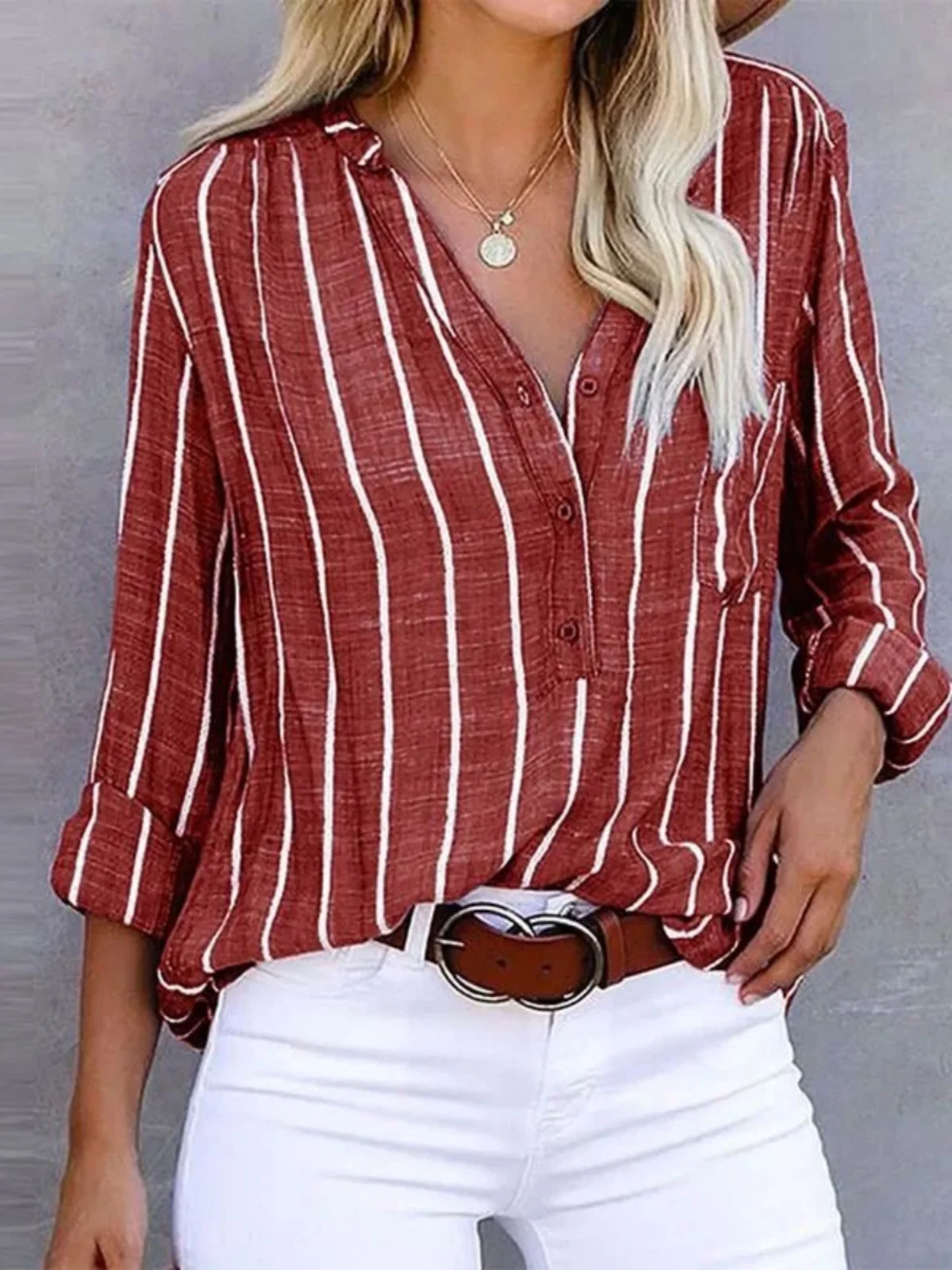 

Women's Pure Color Printed Striped irt Loose Fit Long Sve V-Ne Casual Faion Summer Top Chinese Brandl Product