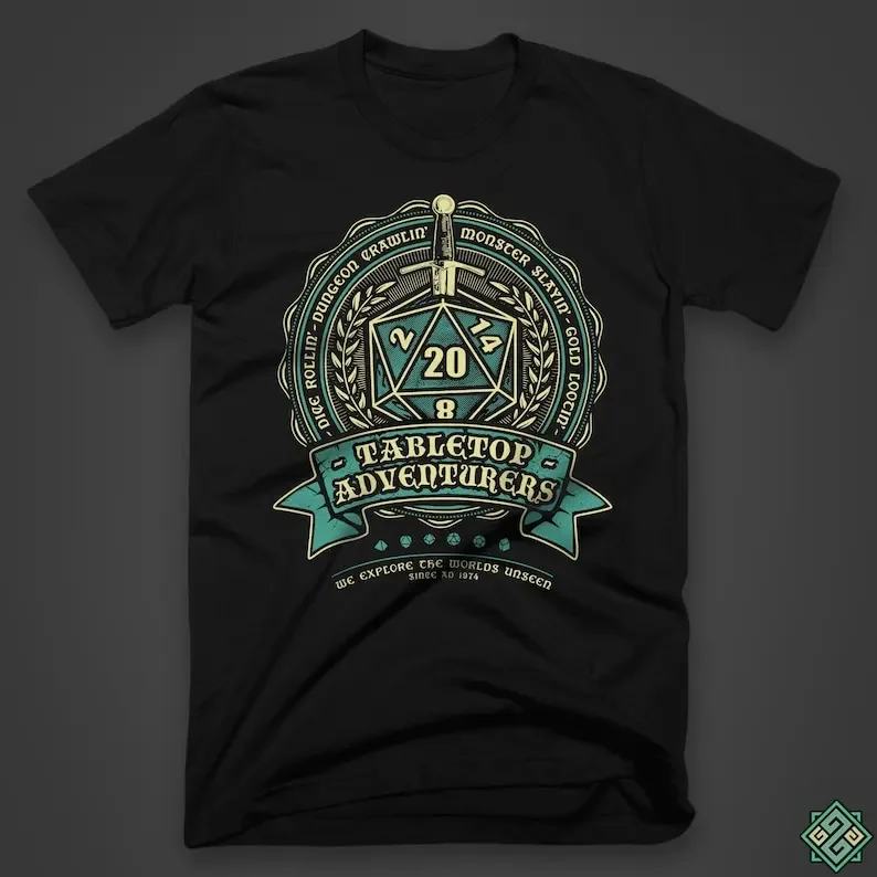 Tabletop Adventurers - An RPG Role Playing Gamer's D20 dungeon master t-shirt, screen printed by hand