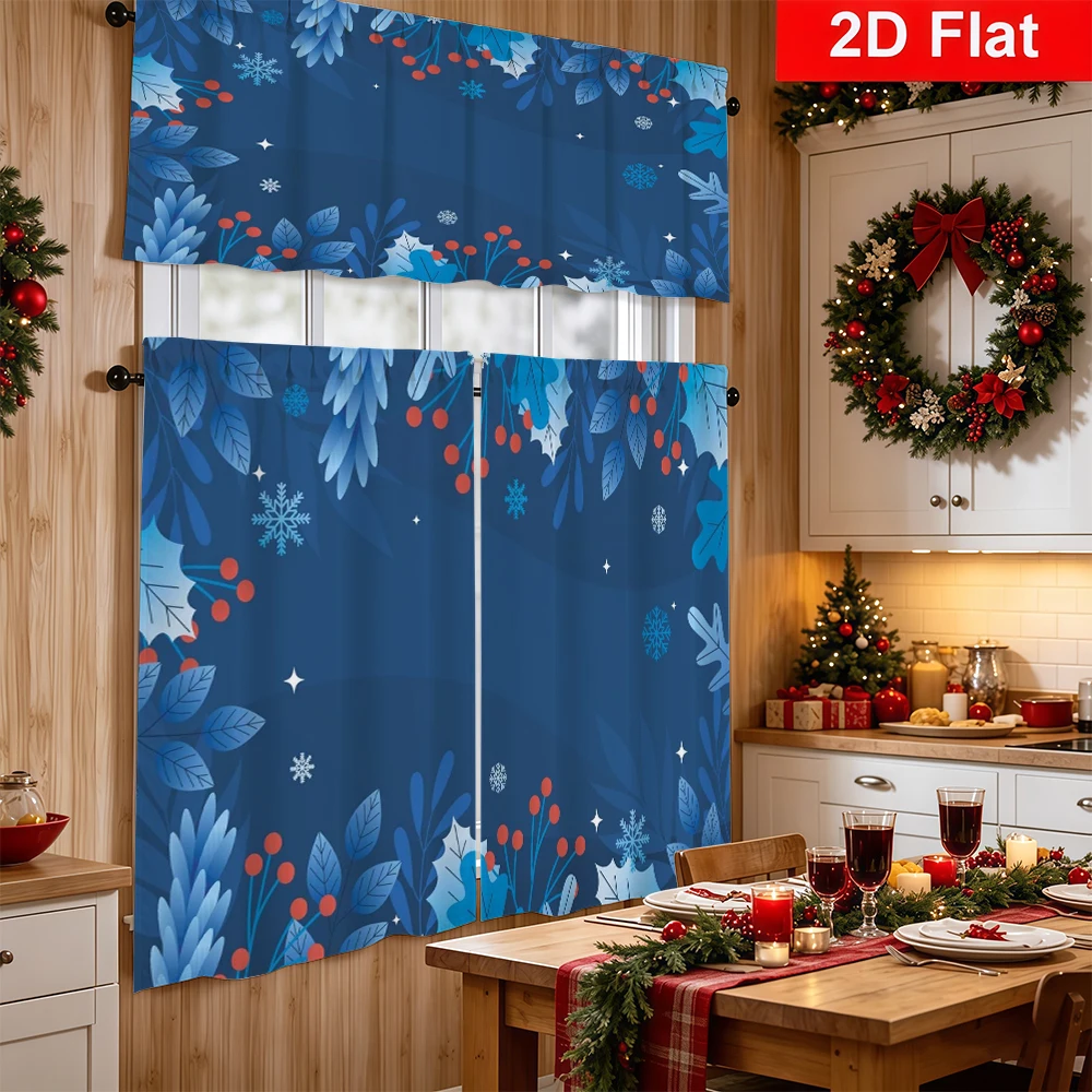 Christmas Kitchen Curtains, Blue Foliage Red Berry, Digital Print, Kitchen Dining Room, Rod Pocket Polyester, Home Decor