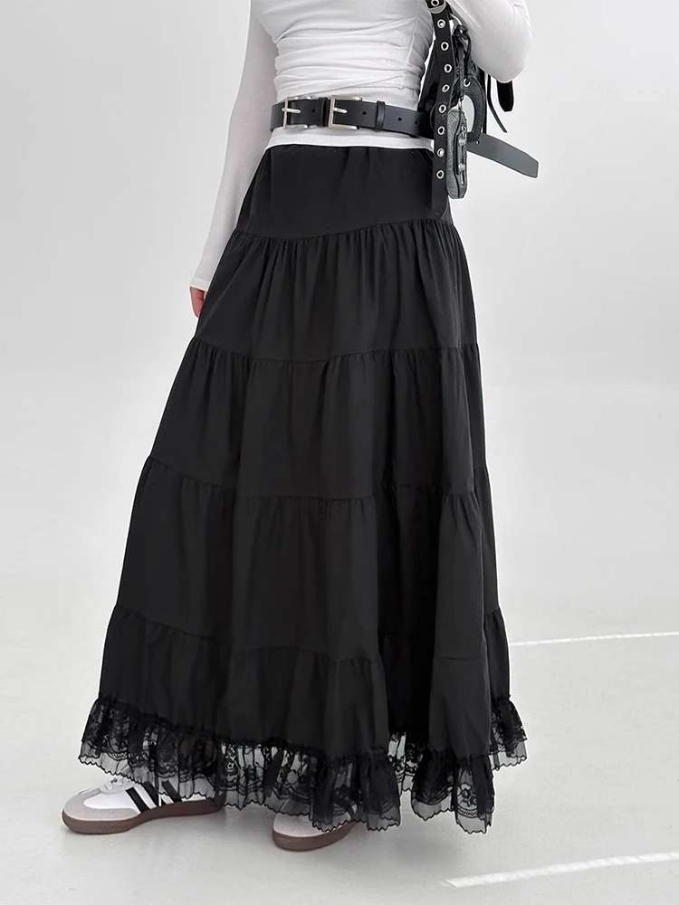 

High Waist A-Line Midi Skirt Lace Trim Patchwork Design Women's Summer Slim Fit Long Skirt Cotton Material Versatile Sle