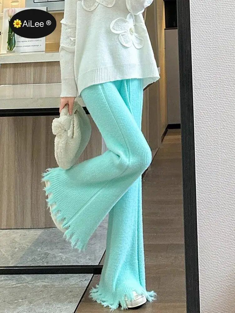 Newest Mink Velvet Winter Pants Women Flare Floor Length Tassel Cuffs Wide leg Trousers Lady Thick Warm Chic Korea Fashion Pants