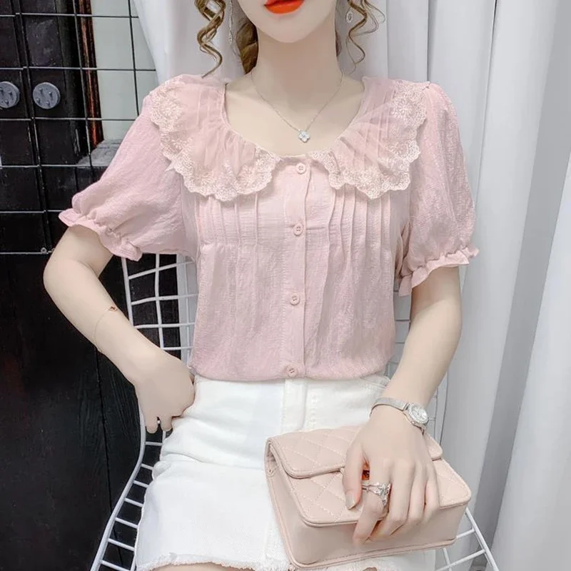 Vintage Lace Patchwork White Shirts Summer Women 2024 Korean Fashion Clothing Slim Sweet Girls Puff Sleeve Tops Y2k Blouses Pink