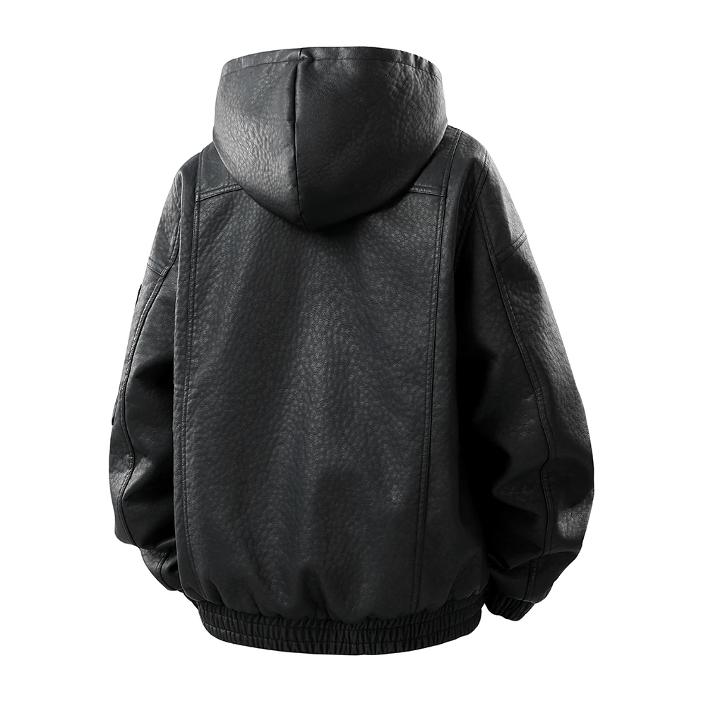 سترة جلدية كاجوال عصرية للرجال شتوية سميكة ودافئة مع قلنسوة للخروج سميكة مقاومة للرياح معطف بقلنسوة سترة لسائقي الدراجات النارية #5