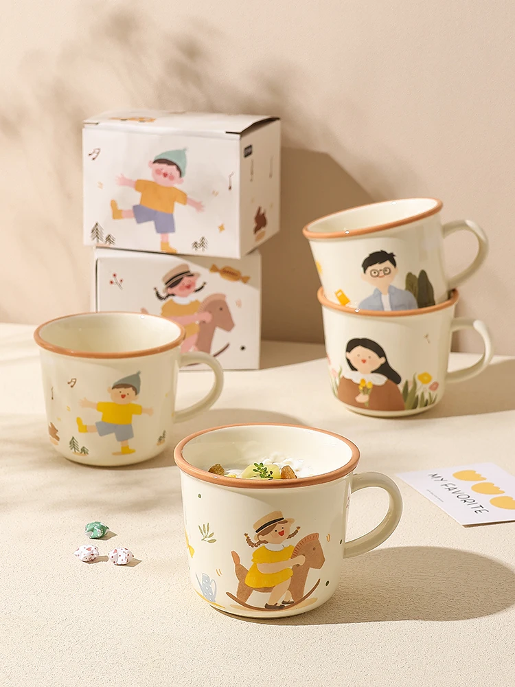 Cute Parenting Series Ceramic Mug Cartoon Dad Mom Boy Girl Printed Water Cup Home Cafe Breakfast Milk Coffee Cups Friend Gifts