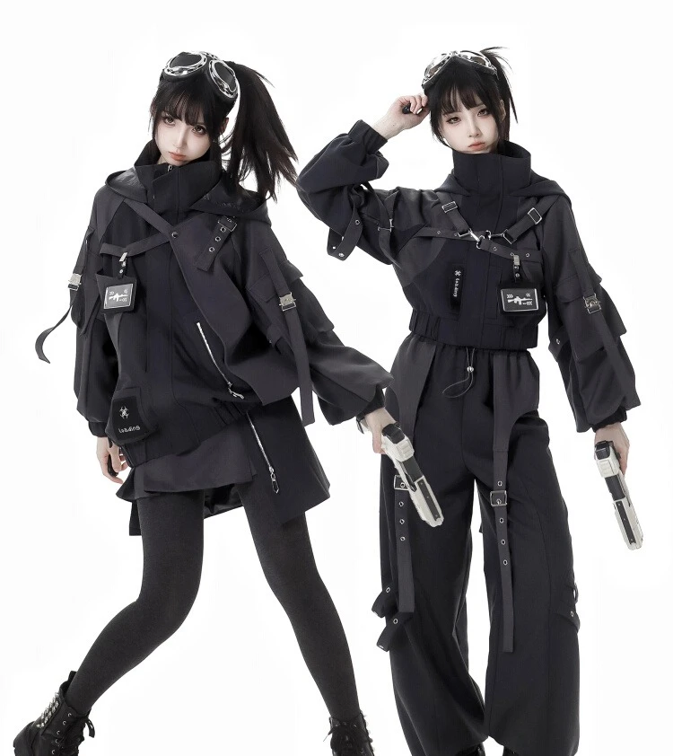 Punk Sweet Cool Motorcycle Girl Hooded Loose Black Jackets High Waist Straight Cargo Pants 2 Piece Set Women Autumn and Winter