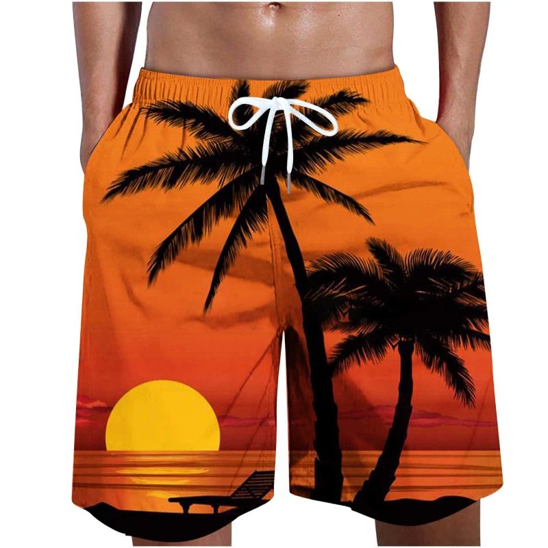 

Fashion Coconut Tree Print Hawaiian Plants Beach Shorts Men Summer Swimming Trunks Men Casual Drawstring Quick Dry Board Shorts