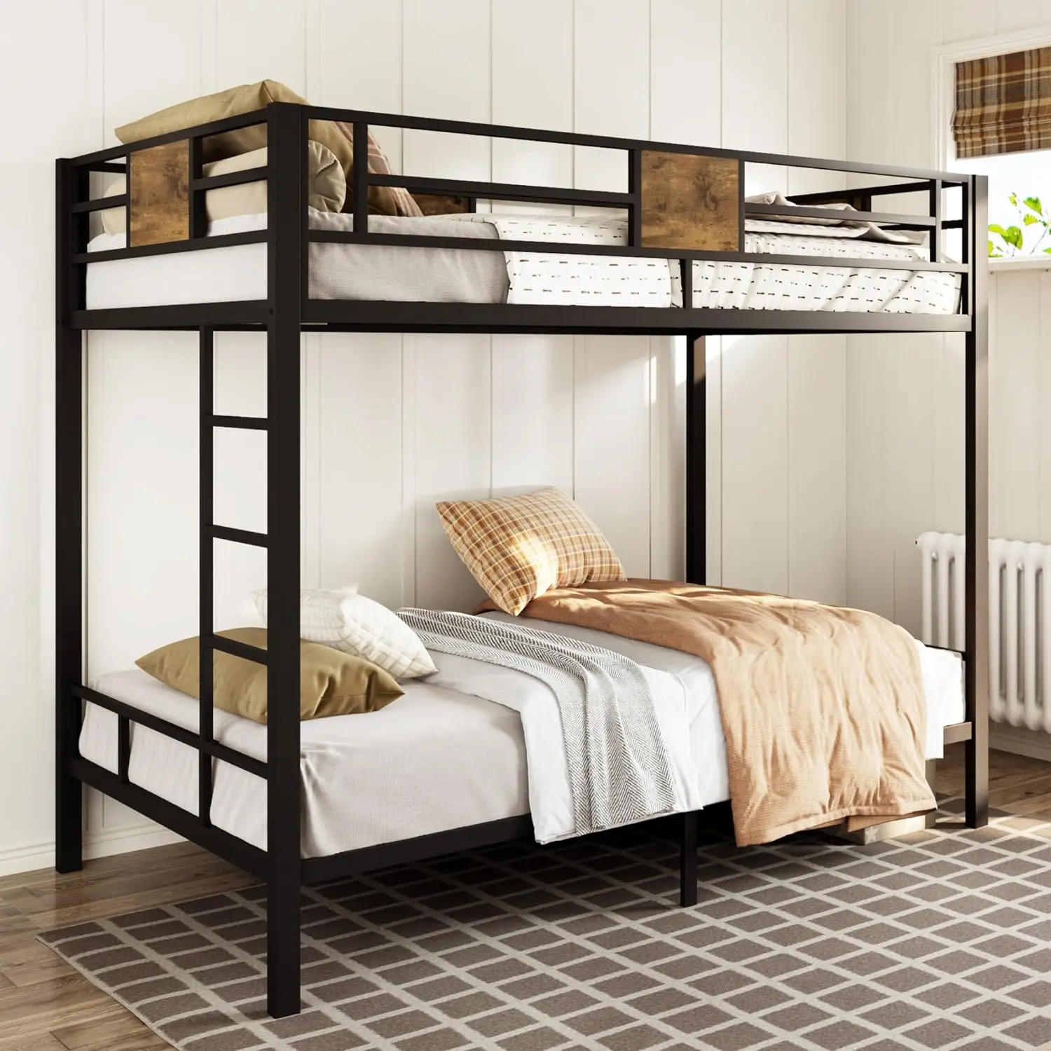 Twin Over Twin Bunk Bed with Rustic Wooden Accents, Sturdy Metal Frame, Space-Saving Design, Noise-Free, Black