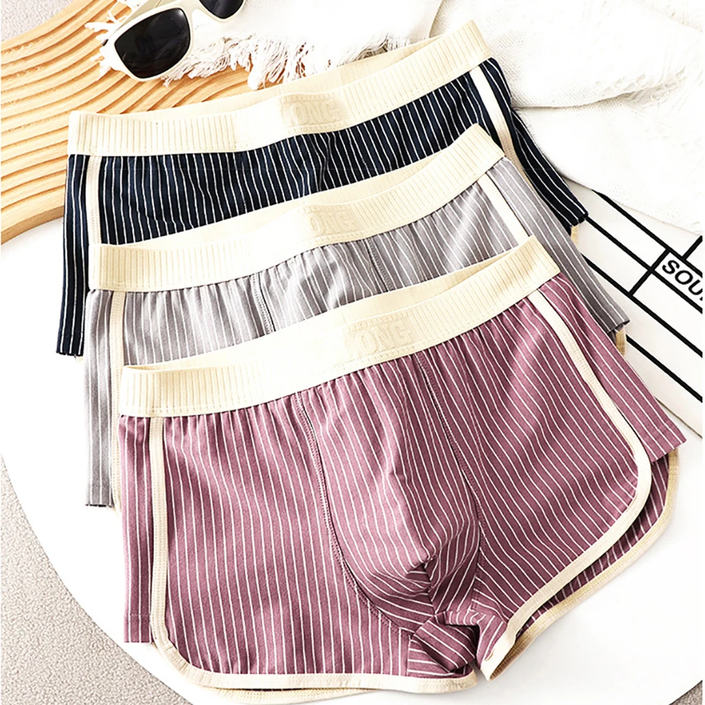 3PCS Fashion Mens Sexy Striped Underwear 100% Cotton Breathable Boxers High Elastic Waist High Quality Soft Men\'s Underpants 3XL