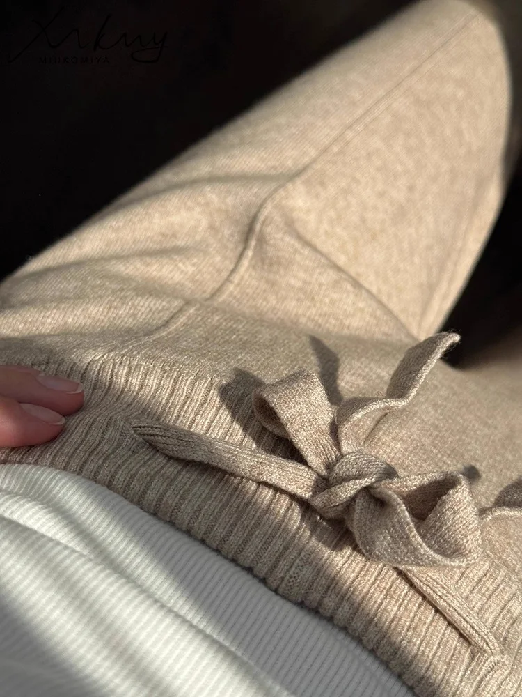 MiuKoMiYa Calças femininas largas de malha com cordão, calças soltas marrons quentes, cintura alta, retas, pernas largas, cortadas de malha, outono