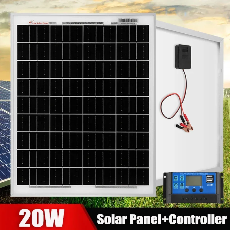 20W Solar Panel 18V Monocrystalline Rechargeable Solar Cells Portable Photovoltaic Power Generation Equipment for Home Outdoor