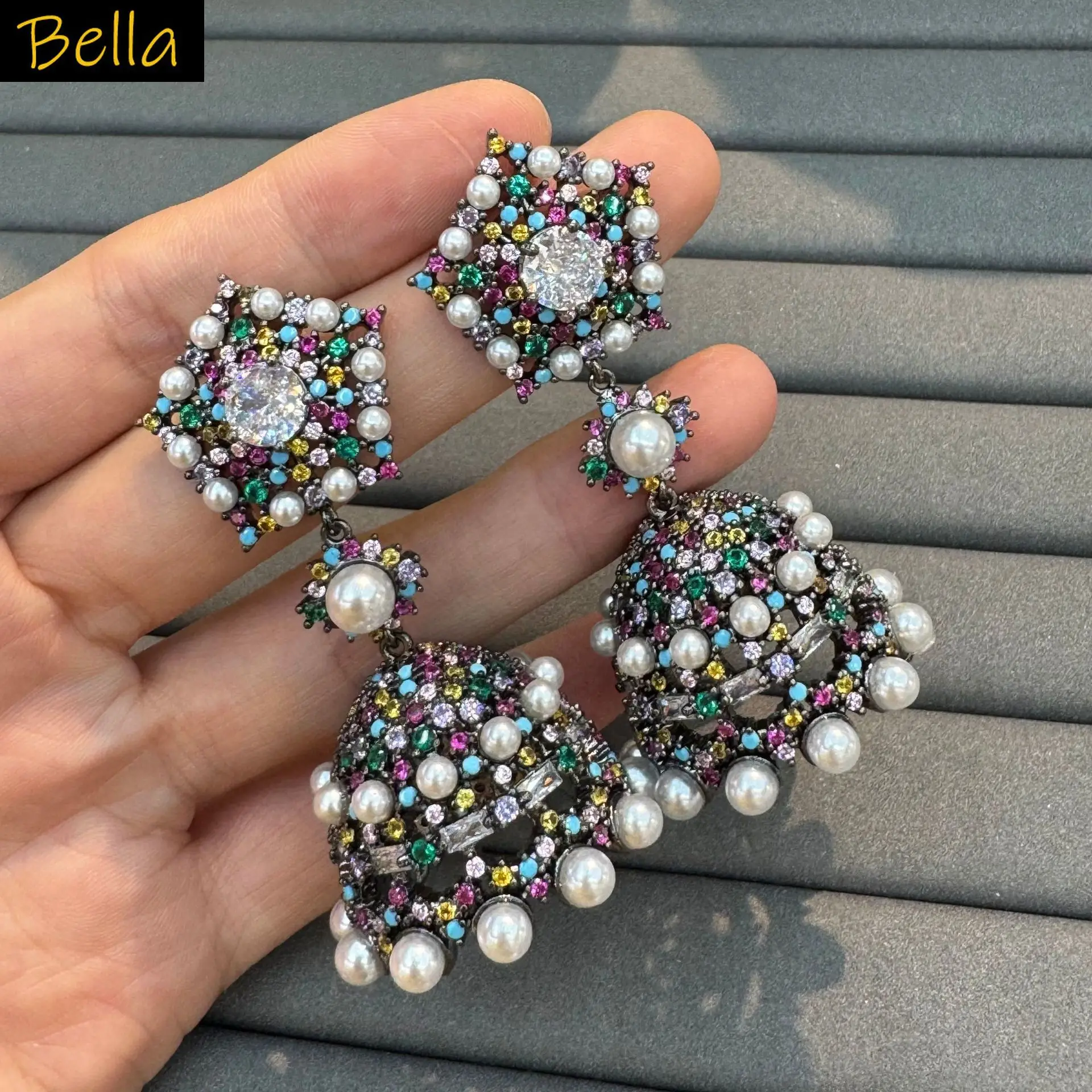 luxury large bell earrings for women dinner party wedding jewelry mini beads earrings multicolor white zirconia