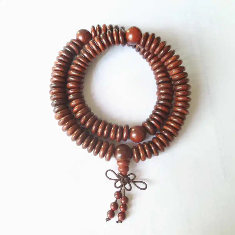 Buddhist 108 Natural Real Red Sandalwood Beads Prayer Mala Coin Wooden Beaded Bracelets BRO827