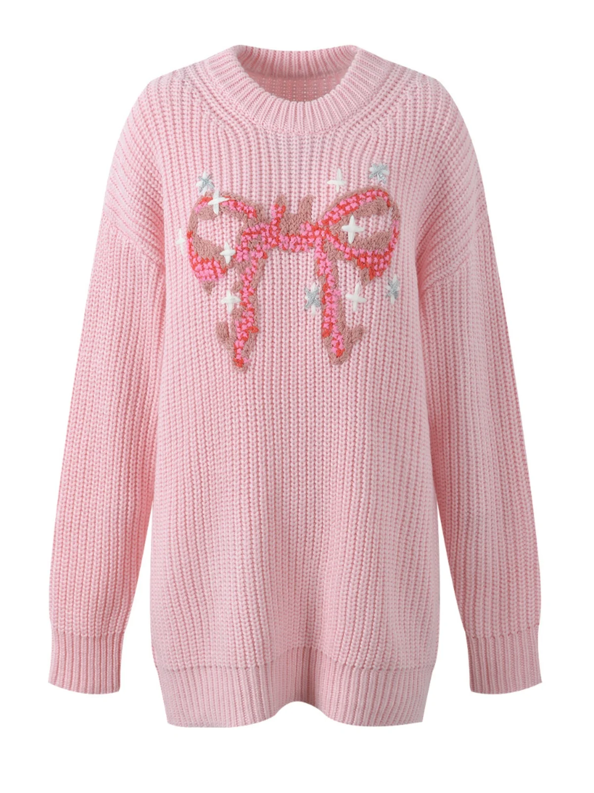 

Осенне-зимний свитер с вышивкой узлами, женский, свободный, модный, универсальный, вязаный топ, милый, с круглым вырезом, средней длины.