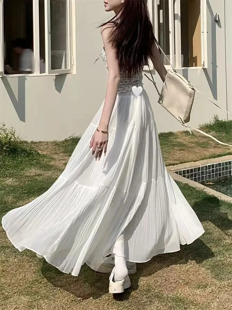 Spring Summer Korean Fashion Women Long Skirts High White Purple Chic Long Elegant Women's Skirts  All Match A Line Cake Skirtme