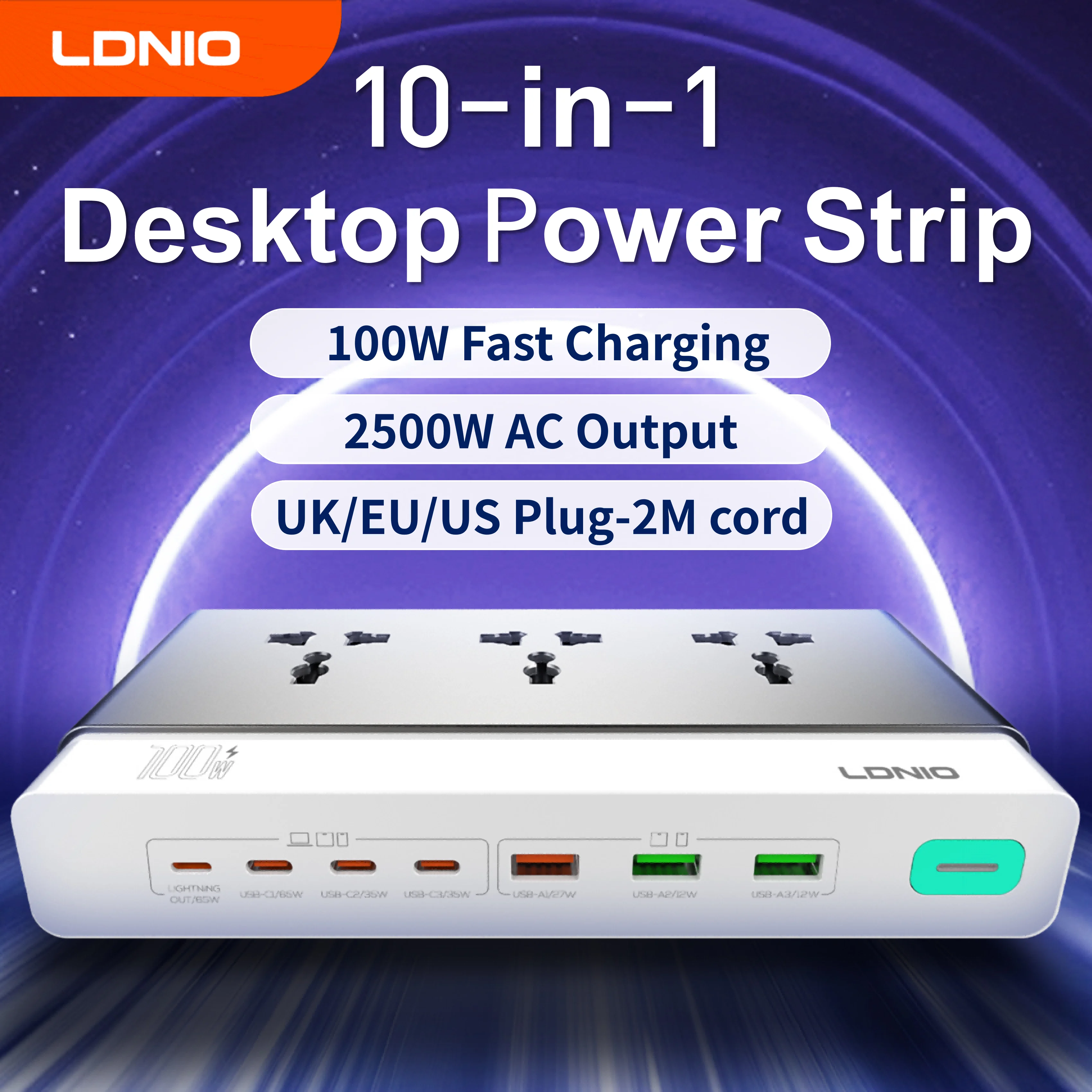 LDNIO 100W Desktop Power Strip Socket Fast Charge 3 Universal AC Outlet PD Type C USB Fast Charging Station 2500W US UK EU Plug
