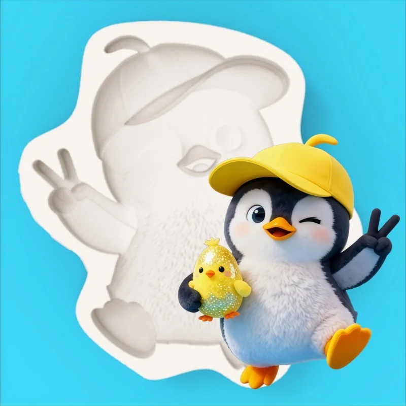 Silicone Mold Shaped Like a Penguin Wearing a Hat and Holding a Little Yellow Chick, Cute Cartoon Animal-Shaped Silicone Mold for Making Chocolate Fondant