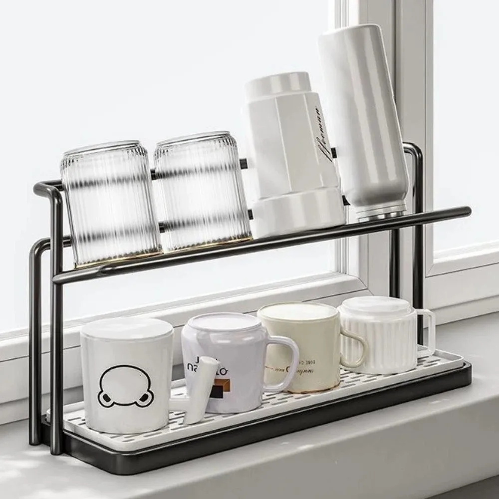 

Double-layer 2Layer Cup Storage Rack Carbon Steel Sink Storage Rack Drain Cup Rack Black White with Drip Tray Cup Storage Tray