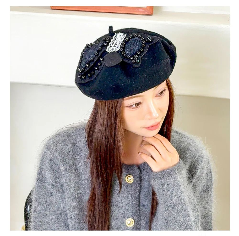 2026 الخريف والشتاء جديد قبعات المرأة القبعات السيدات موضة عادية الاتجاه الكرتون هريرة اللؤلؤ الدافئة الأدبية الرجعية الصوف برعم قبعة #1