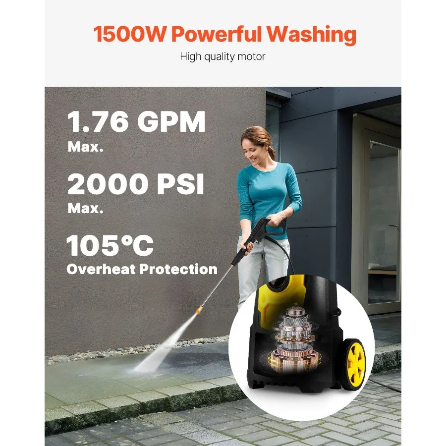 Electric Pressure Washer 2000 PSI 1.76 GPM with 30 ft Hose 5 Quick Connect Nozzles Foam Cannon Portable for Cleaning Patios Car
