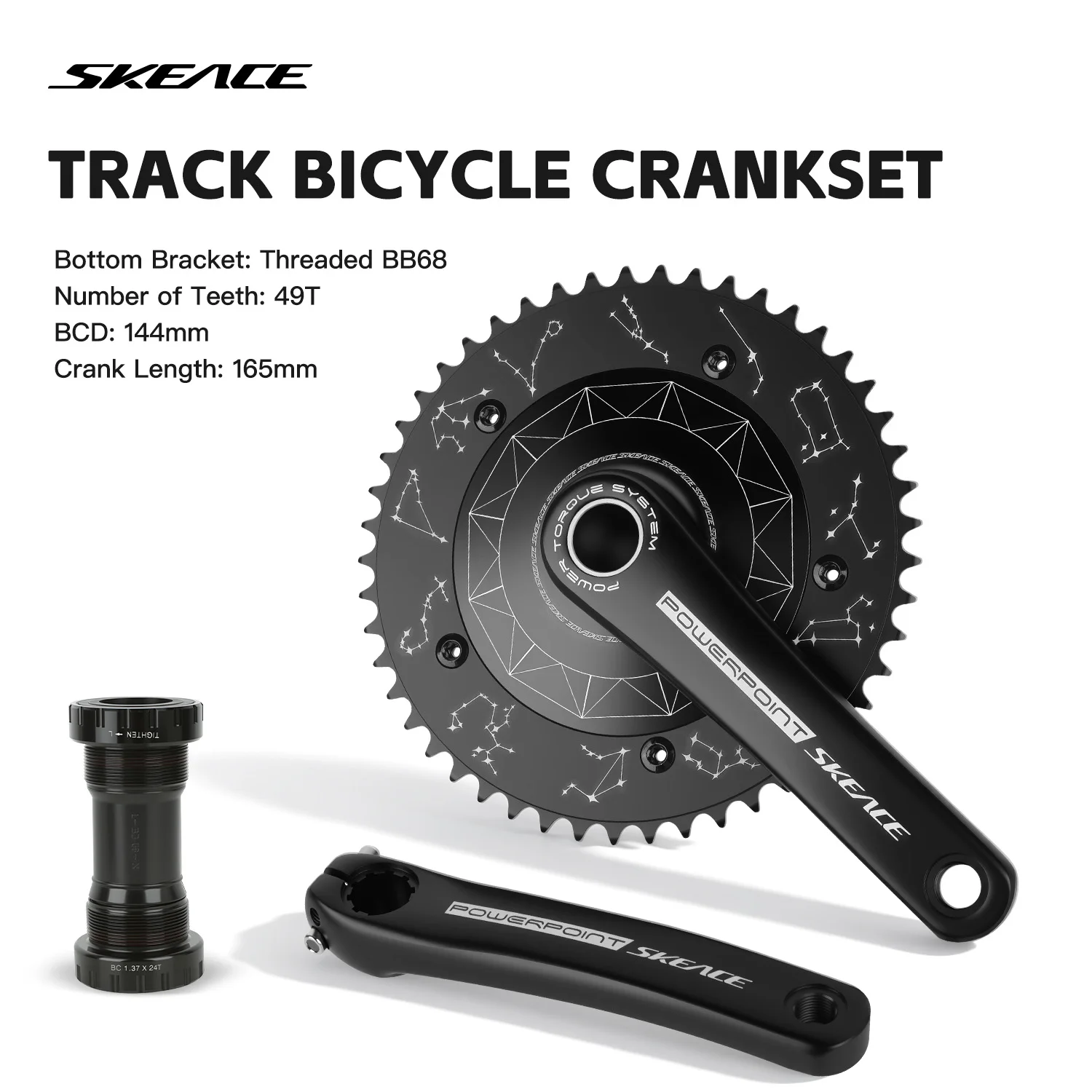 SKEACE Bicycle Crankset Track Bike Chainring 49T 165mm Crank Aluminum Alloy Constellation Chainring 144BCD for Single-speed Bike