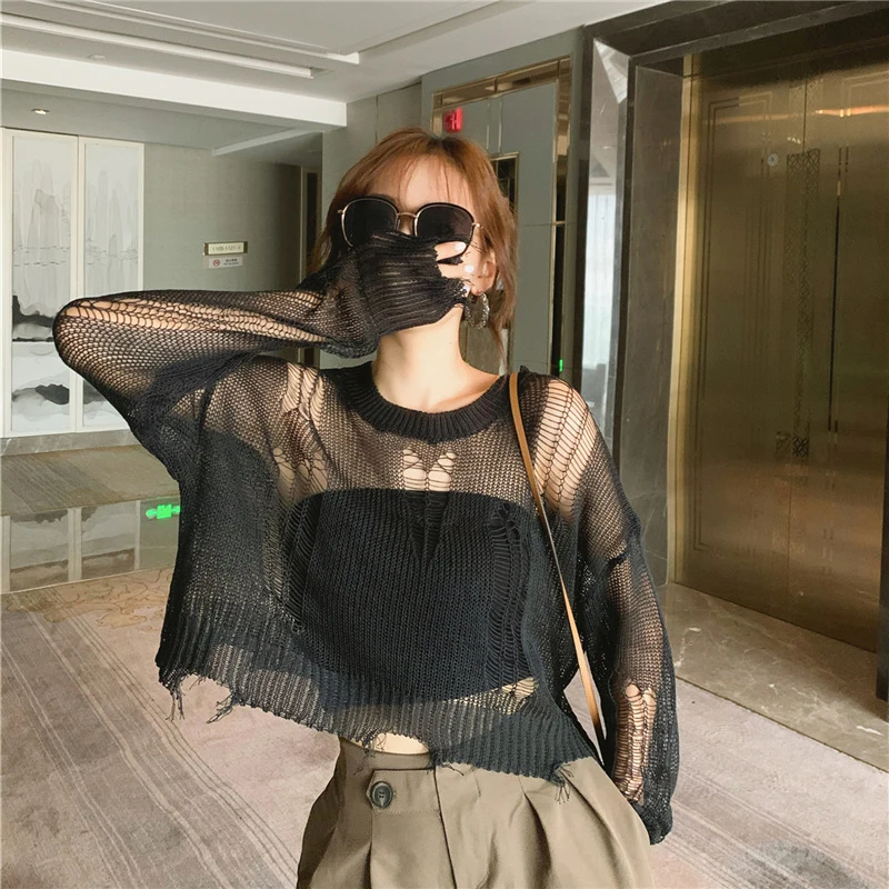 Emo Gothic Pullover Women Summer Loose Thin Sweater E-girl Mall Goth Punk Hollow Out Top Hip Hop Steampunk Clothes Aesthetic