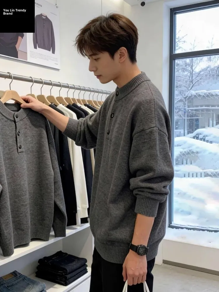 

Мужской вязаный свитер с воротником хенли Deep ey Thiened: зимняя базовая одежда, повседневный свободный крой, комфортный и мягкий базовый слой