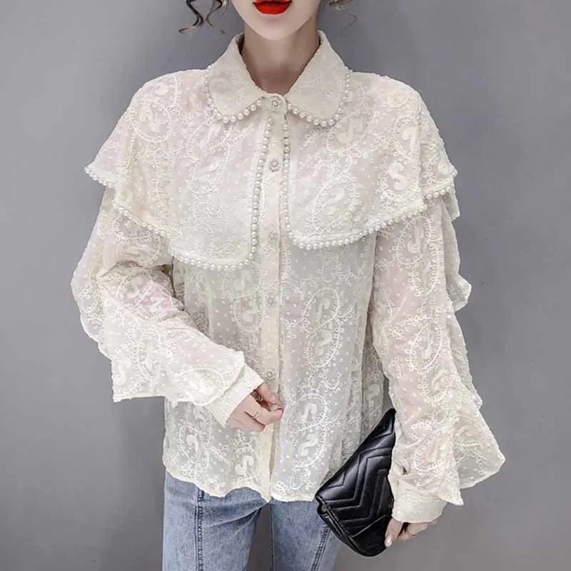 Autumn Fashion Women Chiffon Blouses Long Sleeve Beading Women Tops Casual lace Office Lady Women Clothing