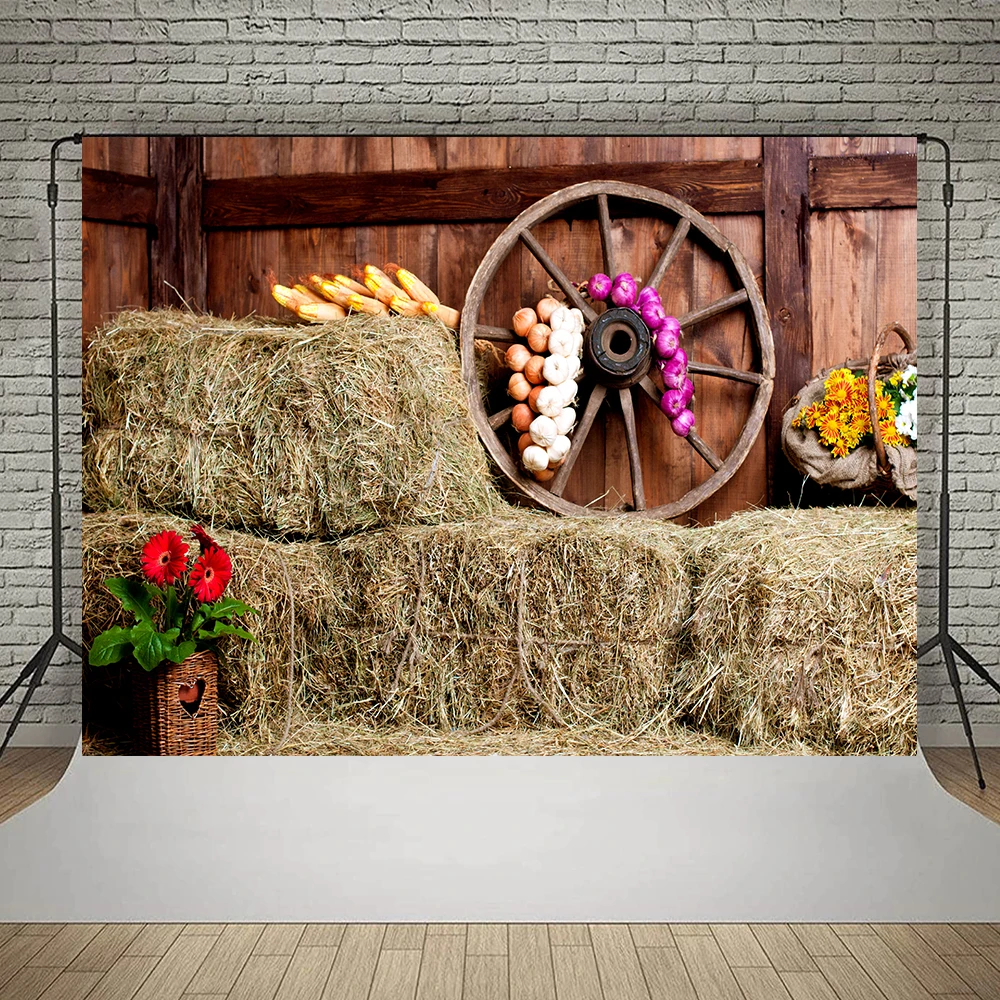 Farm Haystack Photography Backdrop Autumn Old Wooden Warehouse Rural Wood Wheel Children Portrait Photocall Photo Background