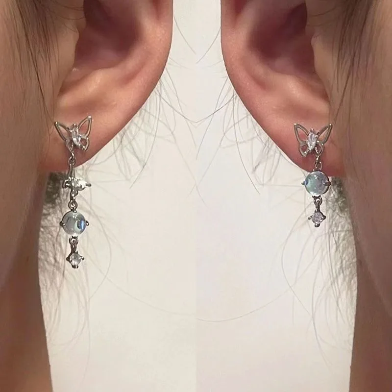 

S925 sterling silver new i butterfly temperament stud earrings for girls long tassel long stud earrings senior strip earrings