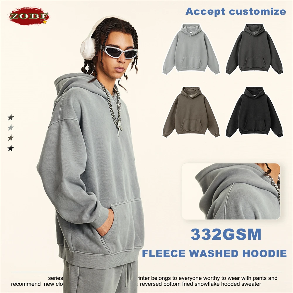 ZODF 2024 Winter Men\'s Washed Fleece Hoodies Unisex Women Retro Loose Warm 332gsm Hooded Pullovers Sweatshirts HY0870