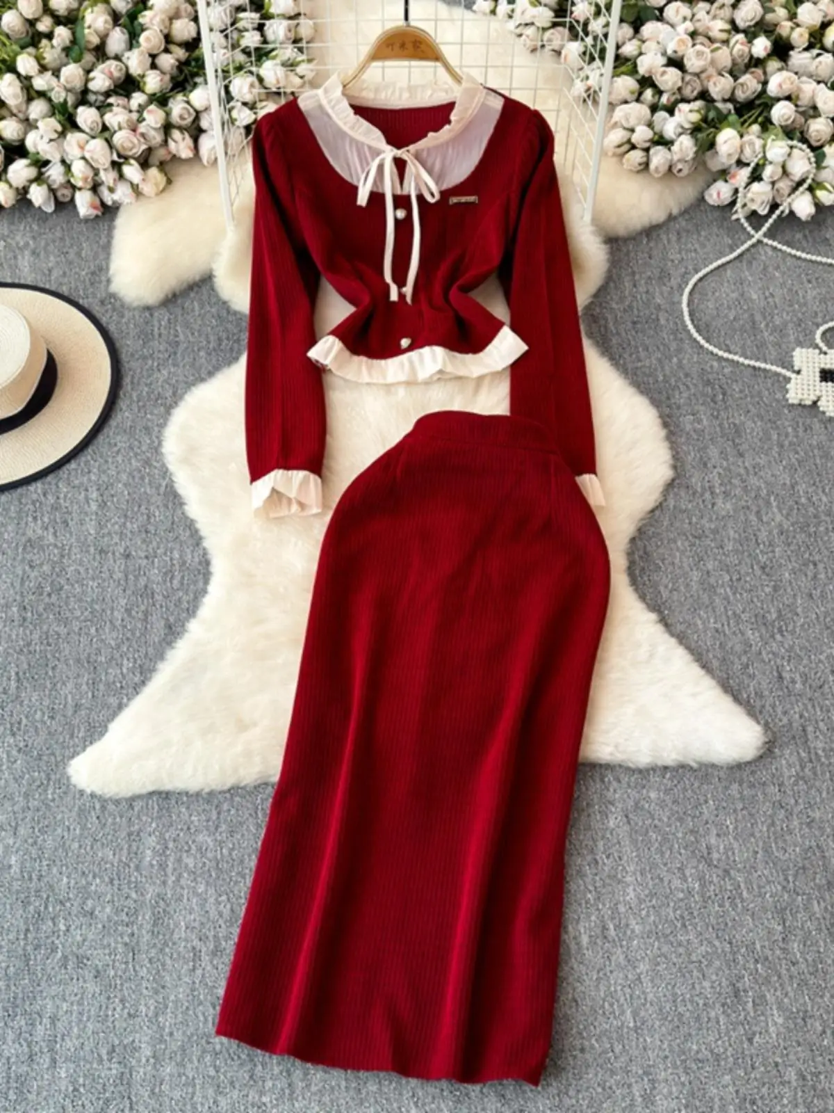 Christmas Red Women's Set 2024 New Autumn Stand Collar Knitted Top+High Waist Half Skirt 2PS Elegant Ladies Office Clothes Trend