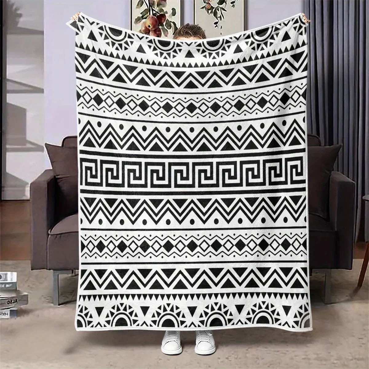 Black White Geometric Tribal Throw Blanket Bohemian Aztec Pattern Soft Flannel Wrap Couch Bedroom Living Room Decor
