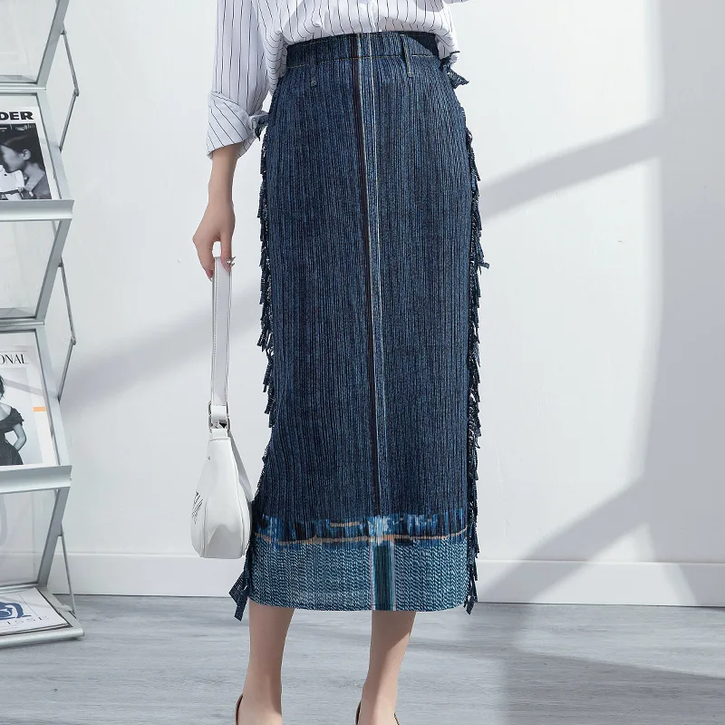 

2022 spring new women's package hip skirt Miyak folds Fashion Plus Size Casual High Stretch Denim Mid-Length Pleated Skirt