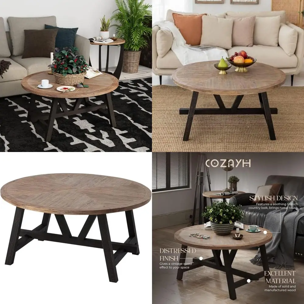 

Geometric-Base Rustic Farmhouse Coffee Table, French Country Style Accent Table for Home Dining and Living Spaces