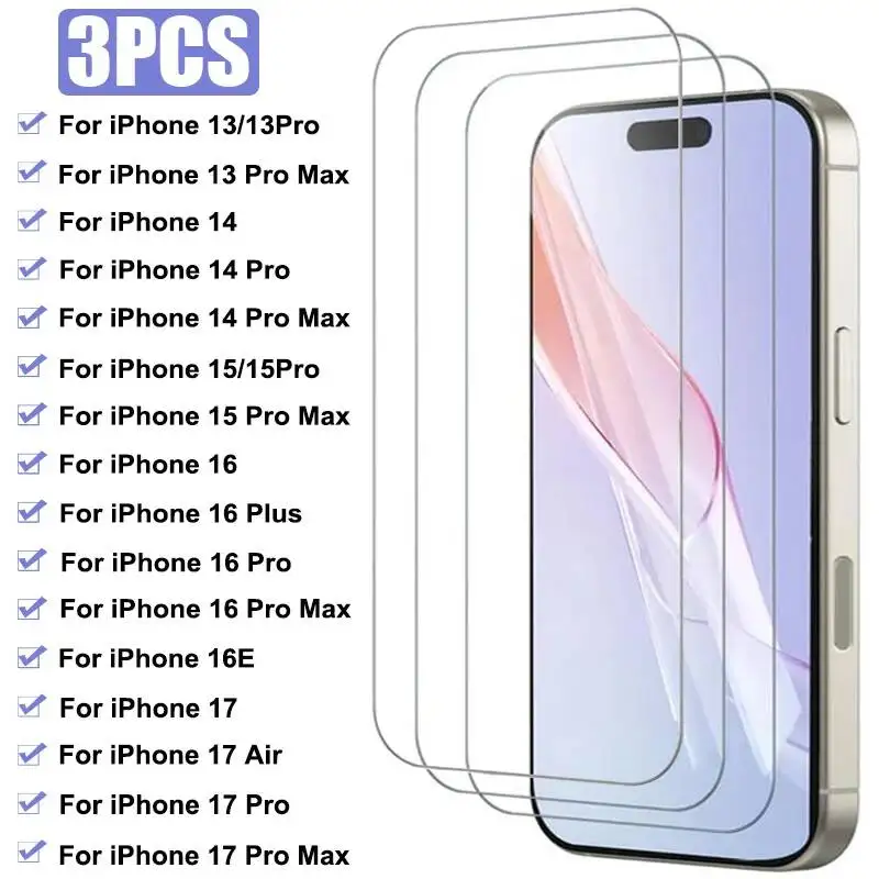 

3PCS Full Cover Tempered 16 15 14 13 Plus 13Mini Screen Protector For Iphone Pro Max 17 Air Glass