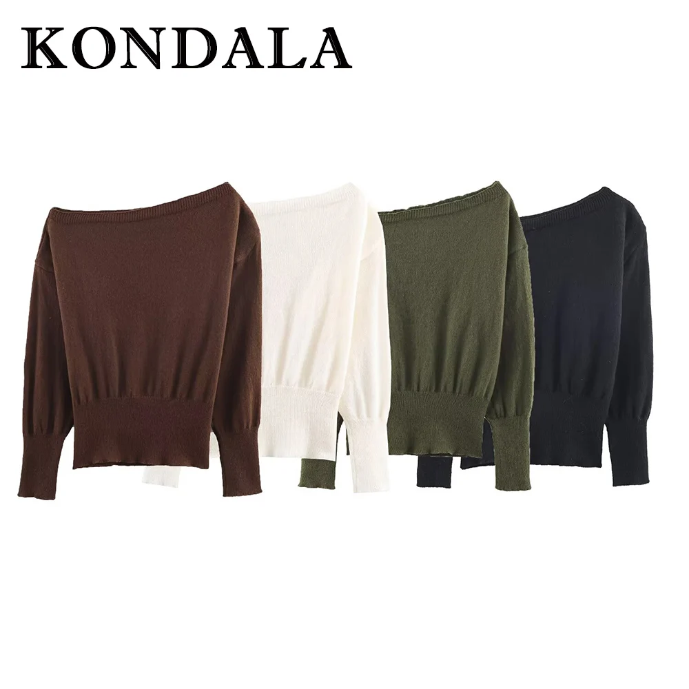 KONDALA Vintage Modern Pleated Fashion 2025 Off-shoulder Crewneck Sweater Chic Beige Streetwear Valentine's Day Female Knitwear
