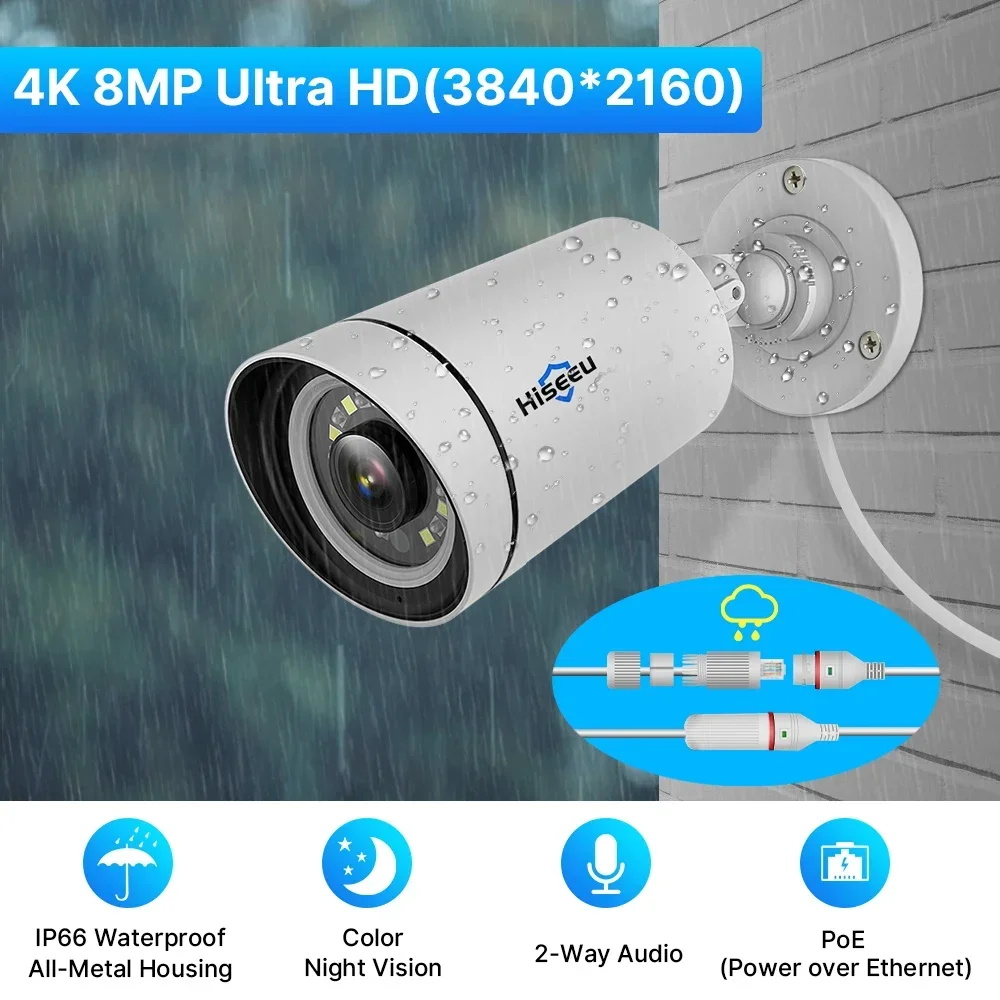 Hiseeu IP Street Poe Video Surveillance Kithome CCTV Security Camera System Two Way Audio Color Night Vision Outdoor 4K 8CH 8MP