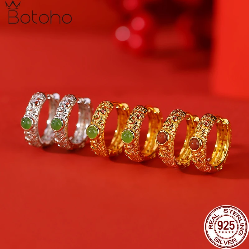 

Natural Jasper 925 Sterling Silver Gold Plated Hollow Out Hoop Earrings For Women Vintage Chinese Style Ruyi Earrings