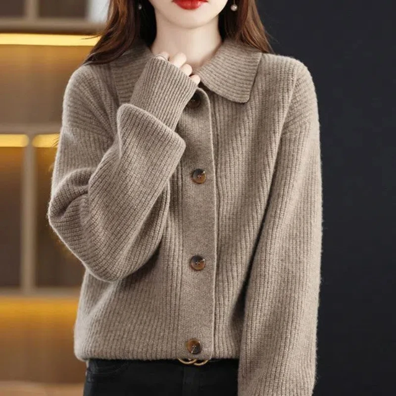 

Women Winter Thicken Sweater Coats High Street Turn-down Collar Cardigans Solid Color Fashion Ingle-breasted Casual Knitted Tops