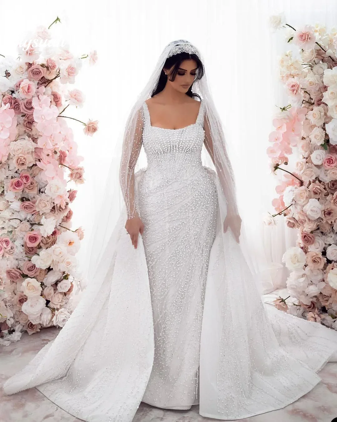 Vestidos De novia De sirena personalizados, vestidos De novia sin mangas con perlas De satén y encaje, bata De novia De tren desmontable De talla grande