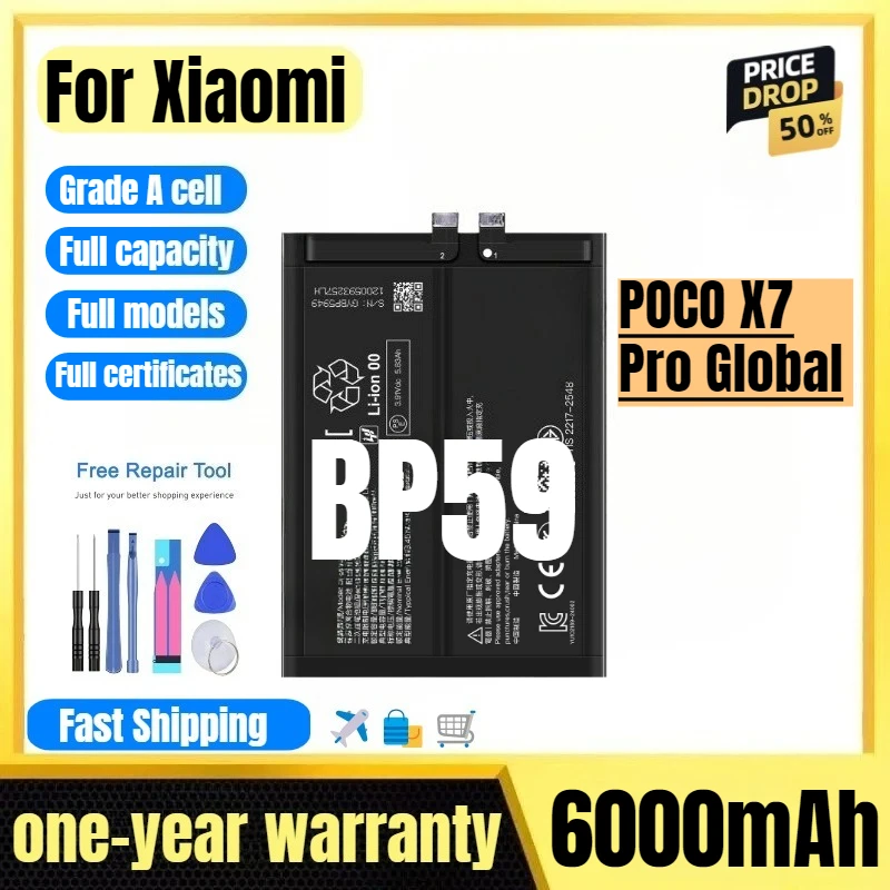 

BP59 for Xiaomi POCO X7 Pro Global Mobile Phone Battery High Quality High Capacity Replacement Bateria Grade A Cell with Tools