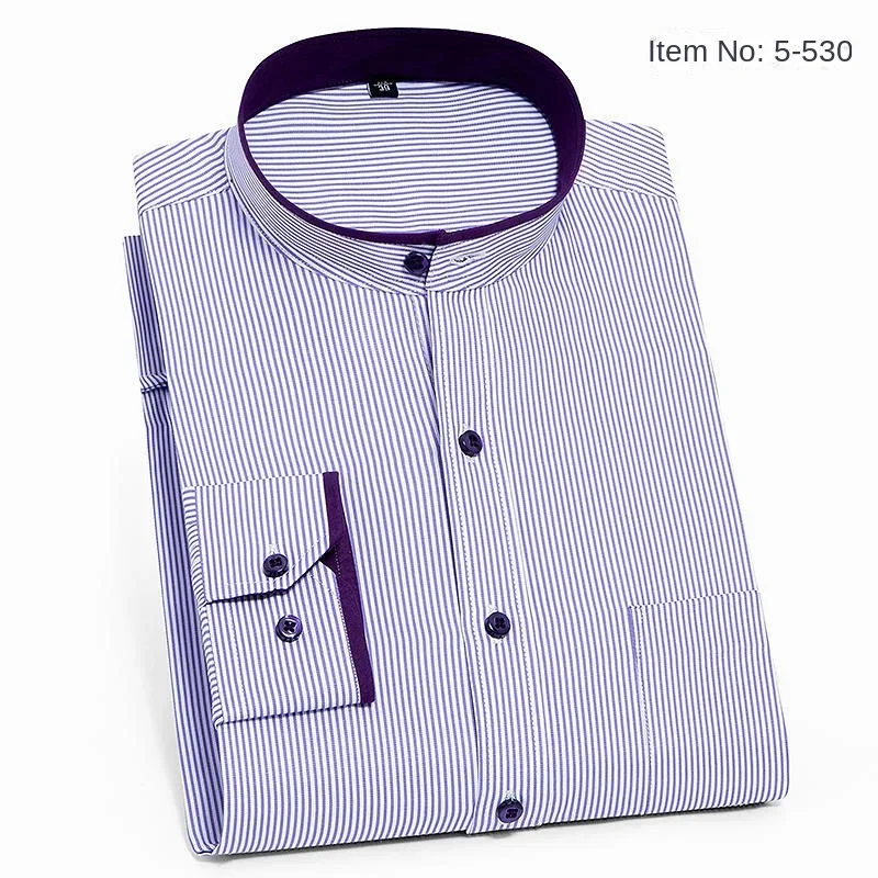 Camisa a rayas con cuello de estilo chino para hombre, traje de túnica de color sólido, ropa de calle de negocios de manga larga sin planchado