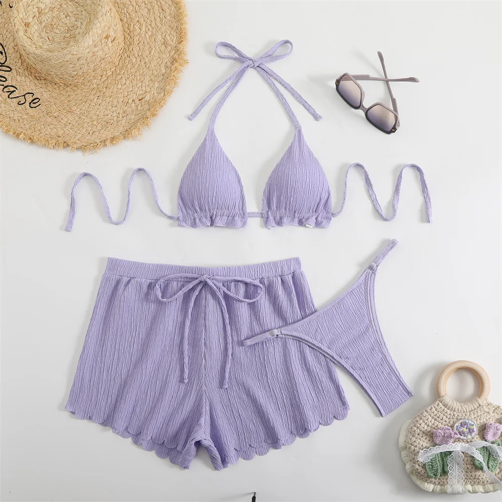 Sexy Wrinkled Pleated Bikini Scalloped Shorts Set Women 3 Piece Solid Swimsuit Halter String Backless Swimwears Ruched Beachwear