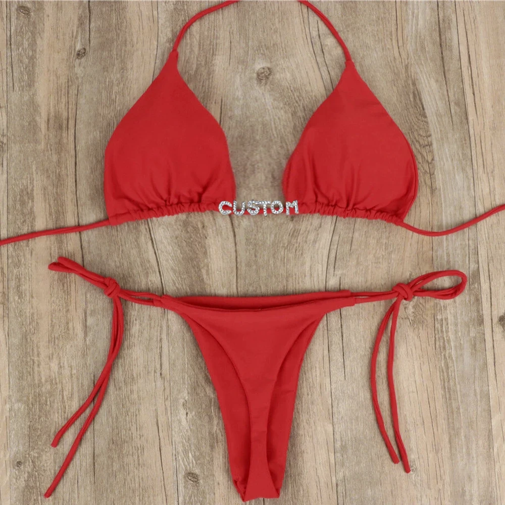 Sexy Customized Swimwear Thongs Triangle Bra Bikini Set Women Custom Swimsuit Bandage Brazilian Side TieBeachwear Bathing Suits
