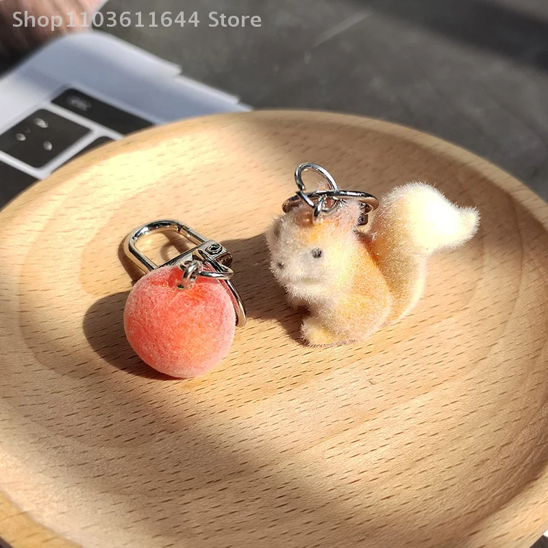 Flocking Squirrel Oranges Keychain Cute Cartoon Animal Fruits Keyring Car Key Holder Girl Bag Pendant Earphone Case Charms