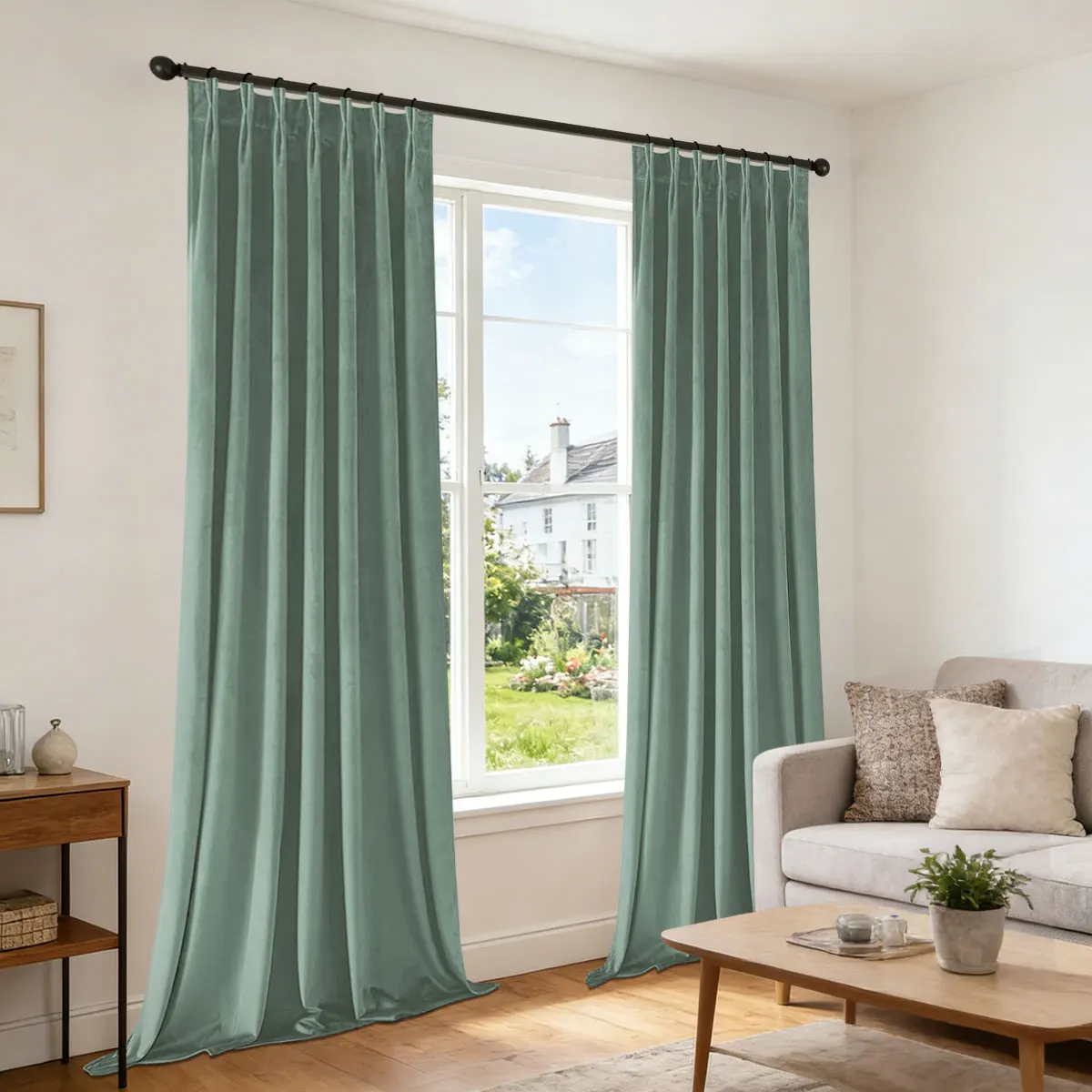 Mint Green Velvet Pinch Pleat Curtains, Soft Heavy Velvet Drapes for Living Room Cream Cottage Decor